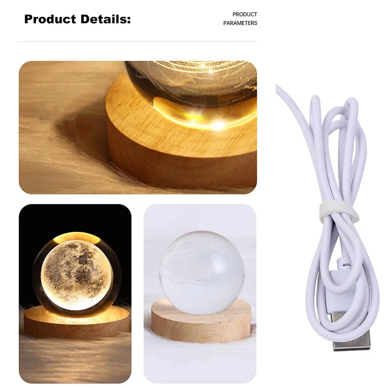 USB Night Light LED Crystal Ball Table Lamp 3D Moon Planet