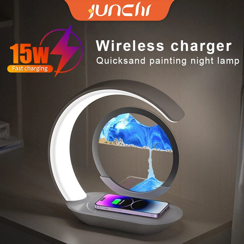 15W Wireless Charger with Quicksand Painting Night Lamp Table